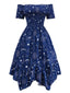 Robe bleue à épaules dénudées et étoiles et lune années 1950