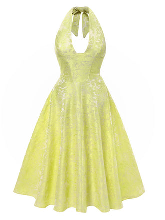 Robe fleurie jacquard à col V profond dos nu des années 1950