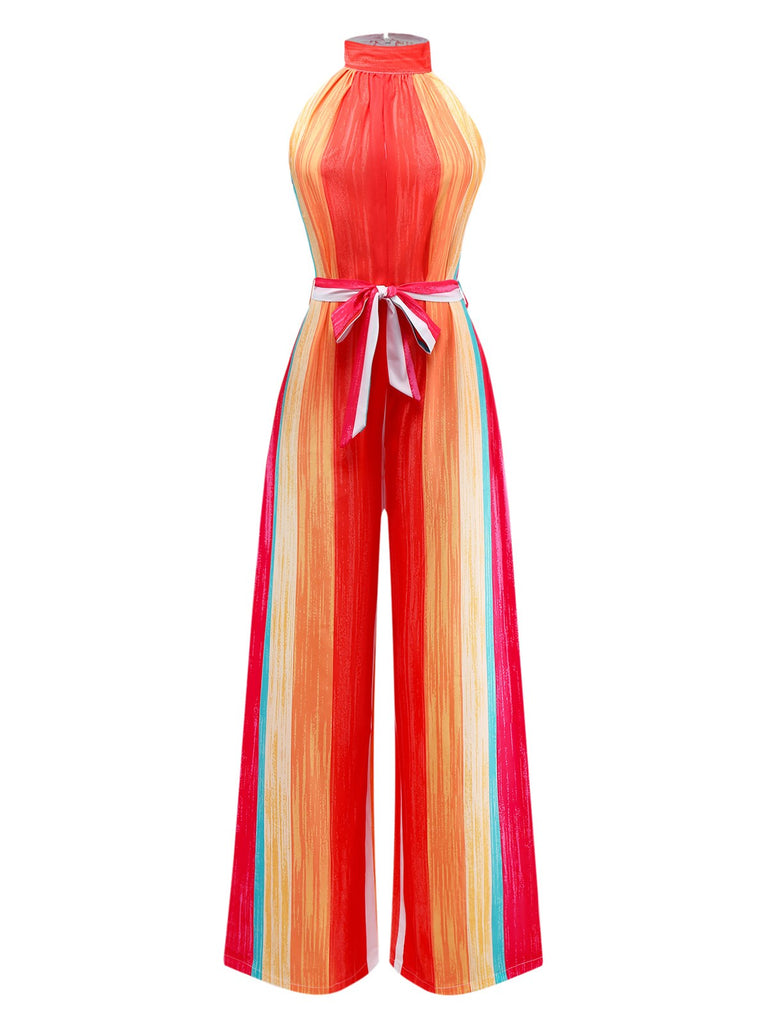 Combinaison rayée multicolore col licou et ceinture des années 1960