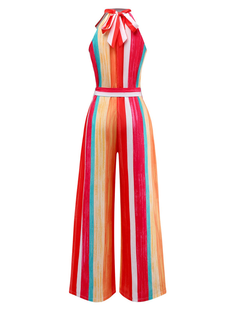 Combinaison rayée multicolore col licou et ceinture des années 1960