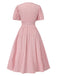 Robe froncée rose rayures fines col V manches bouffantes années 1950