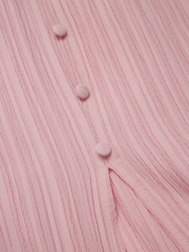 Robe froncée rose rayures fines col V manches bouffantes années 1950