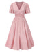 Robe froncée rose rayures fines col V manches bouffantes années 1950