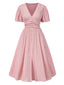 Robe froncée rose rayures fines col V manches bouffantes années 1950
