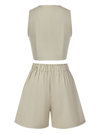 2PCS Gilet courte et short col V uni kaki clair des années 1950