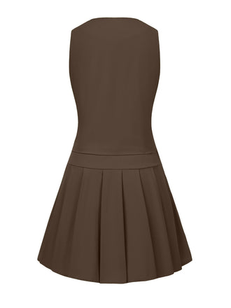 2PCS Gilet à boutons solides et jupe plissée des années 1960