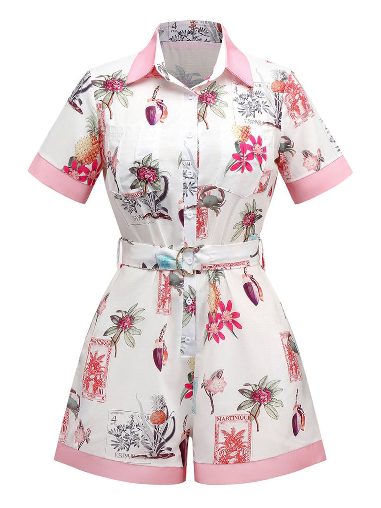 Combishort rose à motif ananas et fleur à revers années 1950