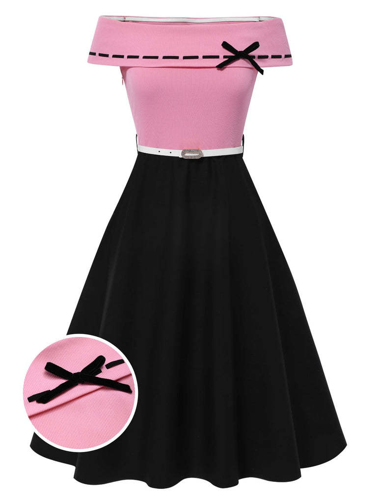 [Prévente] Robe patchwork noire et rose épaules dénudées et nœud années 1950