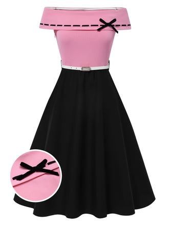 [Prévente] Robe patchwork noire et rose épaules dénudées et nœud années 1950