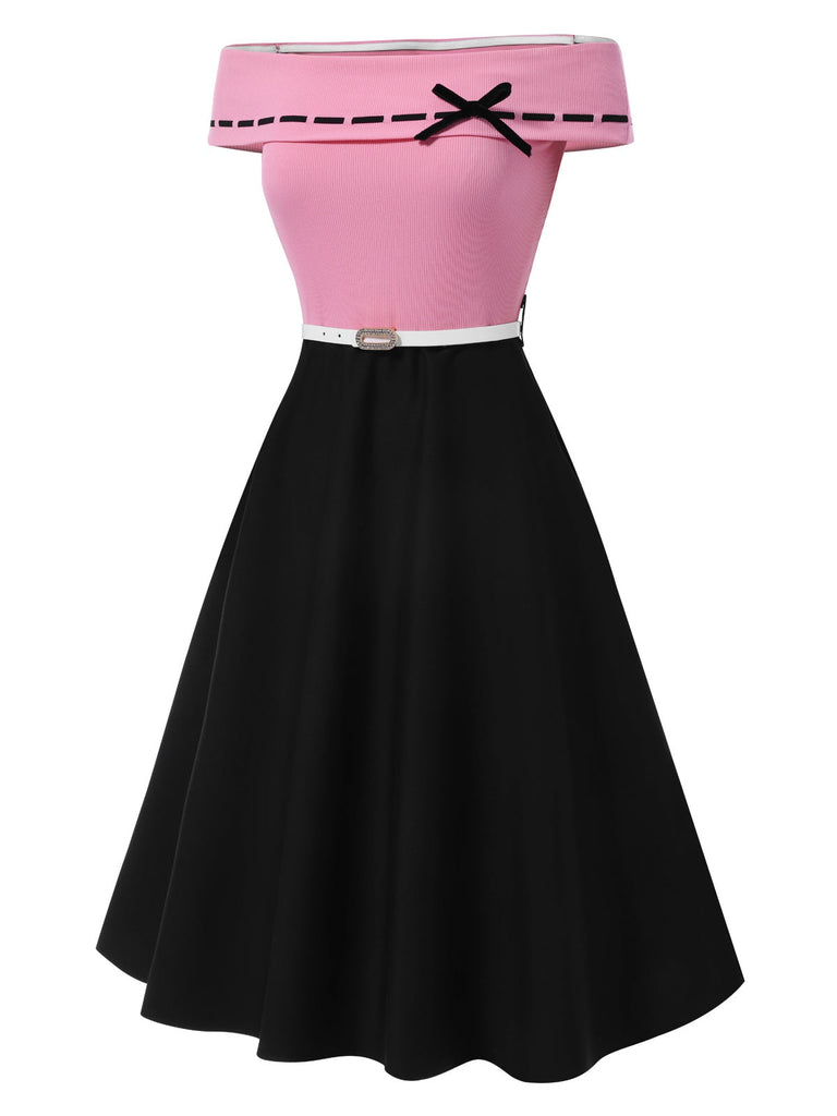 [Prévente] Robe patchwork noire et rose épaules dénudées et nœud années 1950