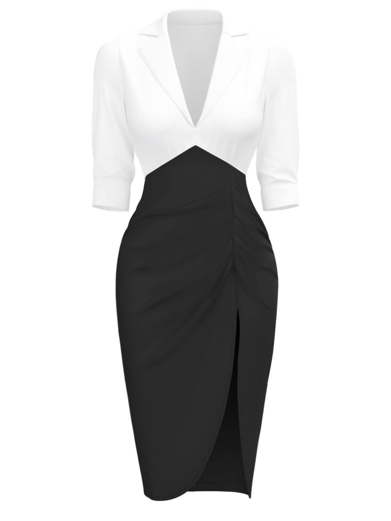 [Prévente] Robe moulante froncée à col cranté blanche et noire des années 1960
