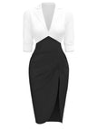 Robe moulante froncée à col cranté blanche et noire des années 1960