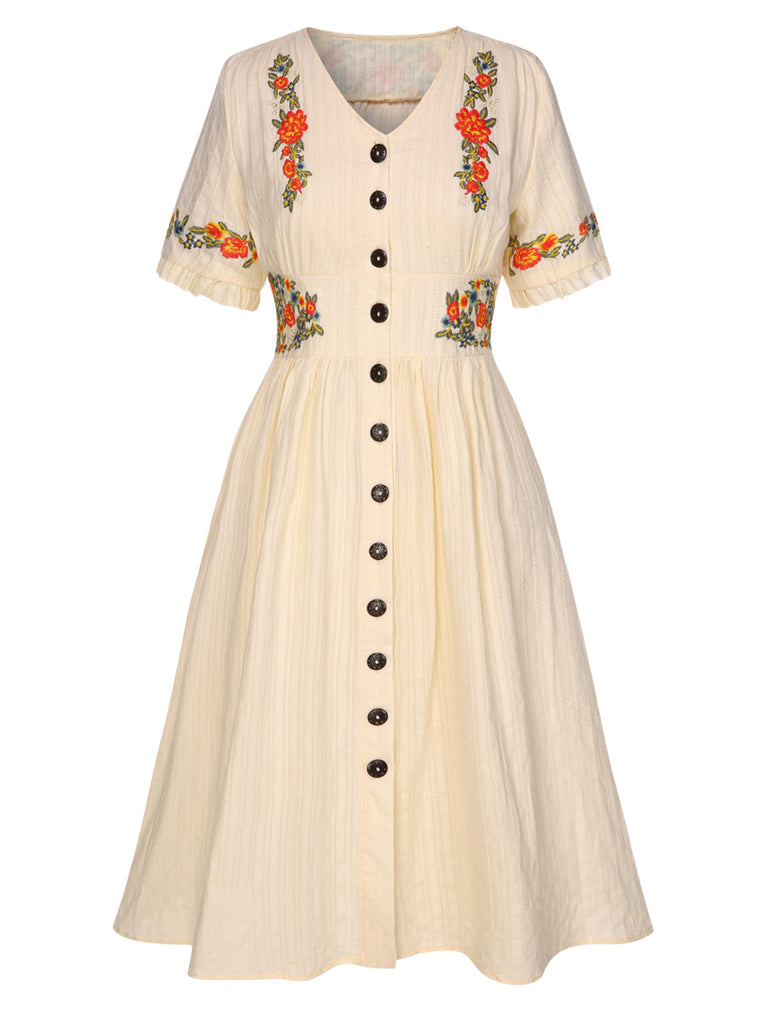 [Grande Taille] Robe fleurie brodée beige à col en V des années 40