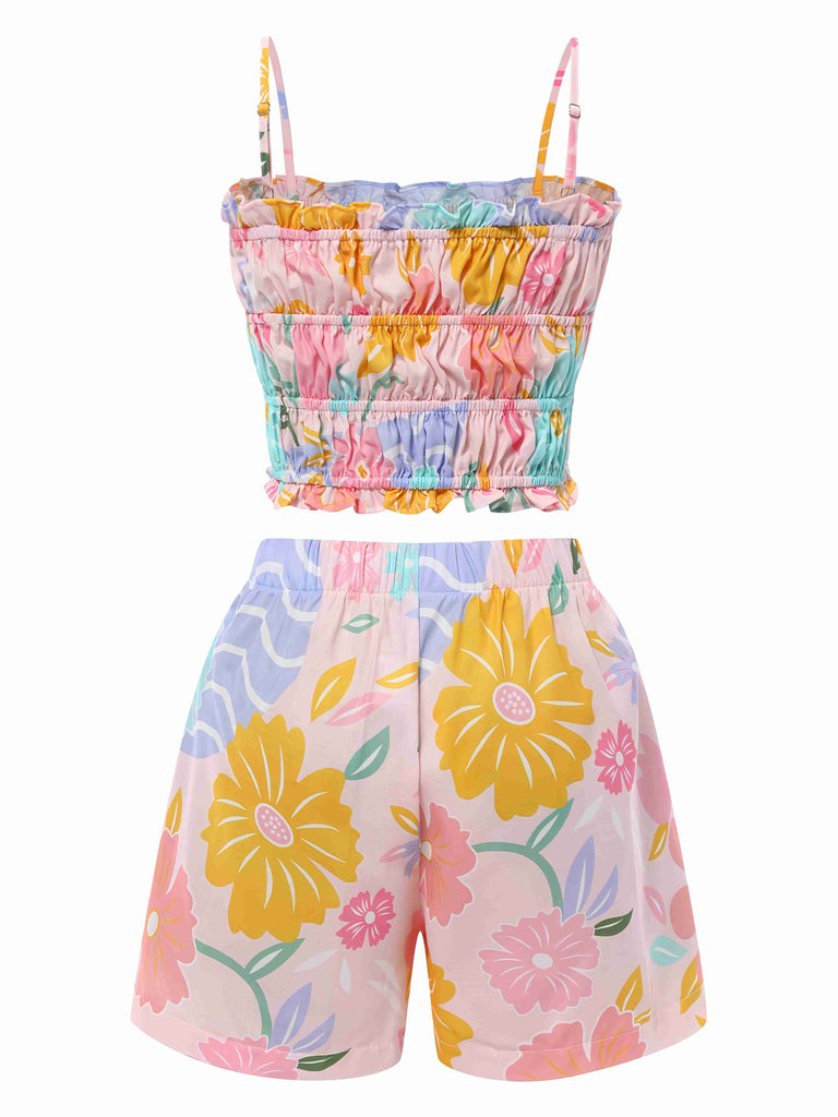 2PCS Débardeur court froncés et short imprimé floral rose années 1960