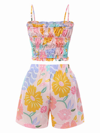 2PCS Débardeur court froncés et short imprimé floral rose années 1960