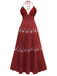 Robe broderie fleur texturée à col en V profond années 1930