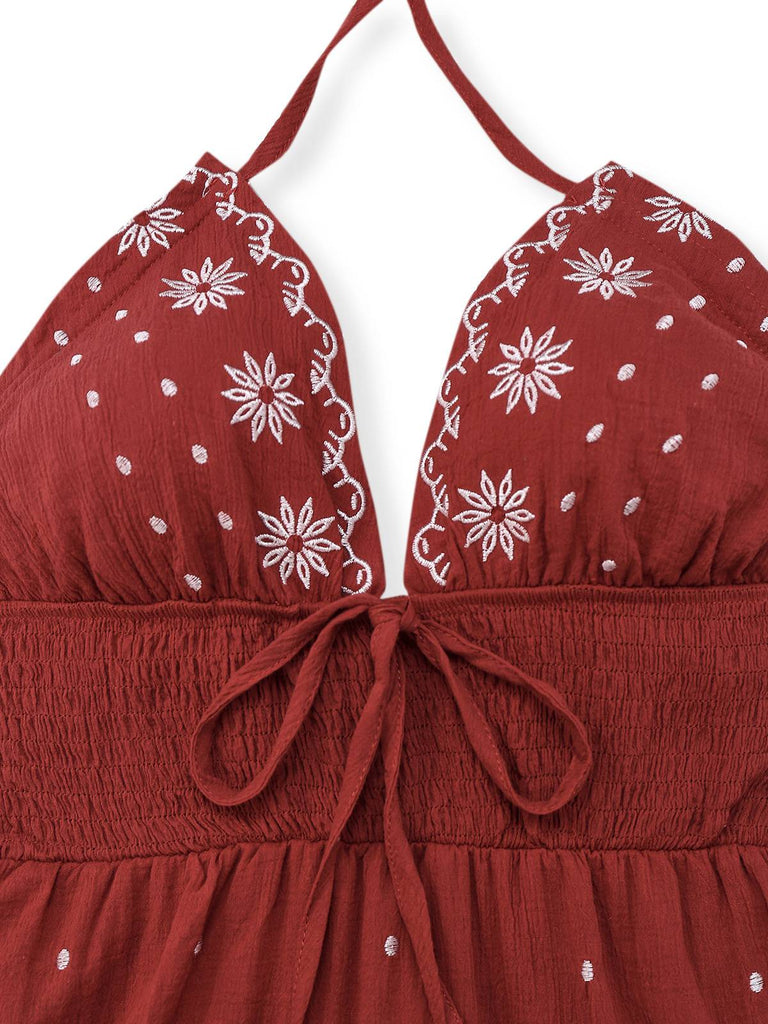 Robe broderie fleur texturée à col en V profond années 1930