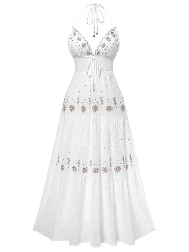 Robe broderie fleur texturée à col en V profond années 1930