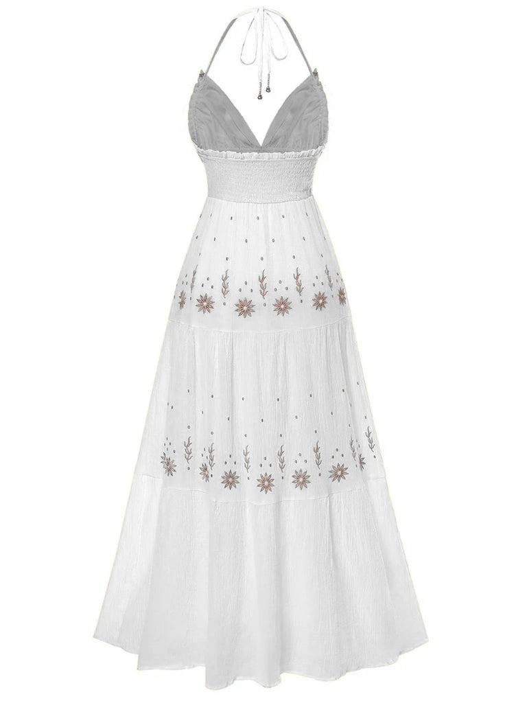 Robe broderie fleur texturée à col en V profond années 1930