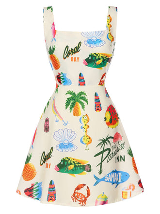 Robe multicolore à bretelles larges motif fruits tropicaux des années 1960
