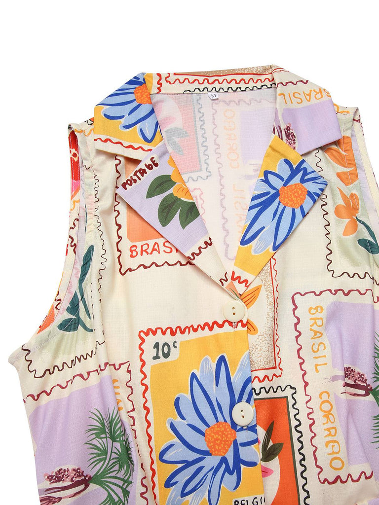 Robe col échancré motifs floraux timbres multicolores des années 1960