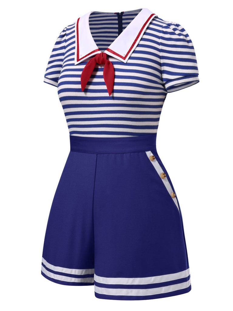 [Prévente] Combishort en coton rayures nautiques bleu avec cravate années 1950