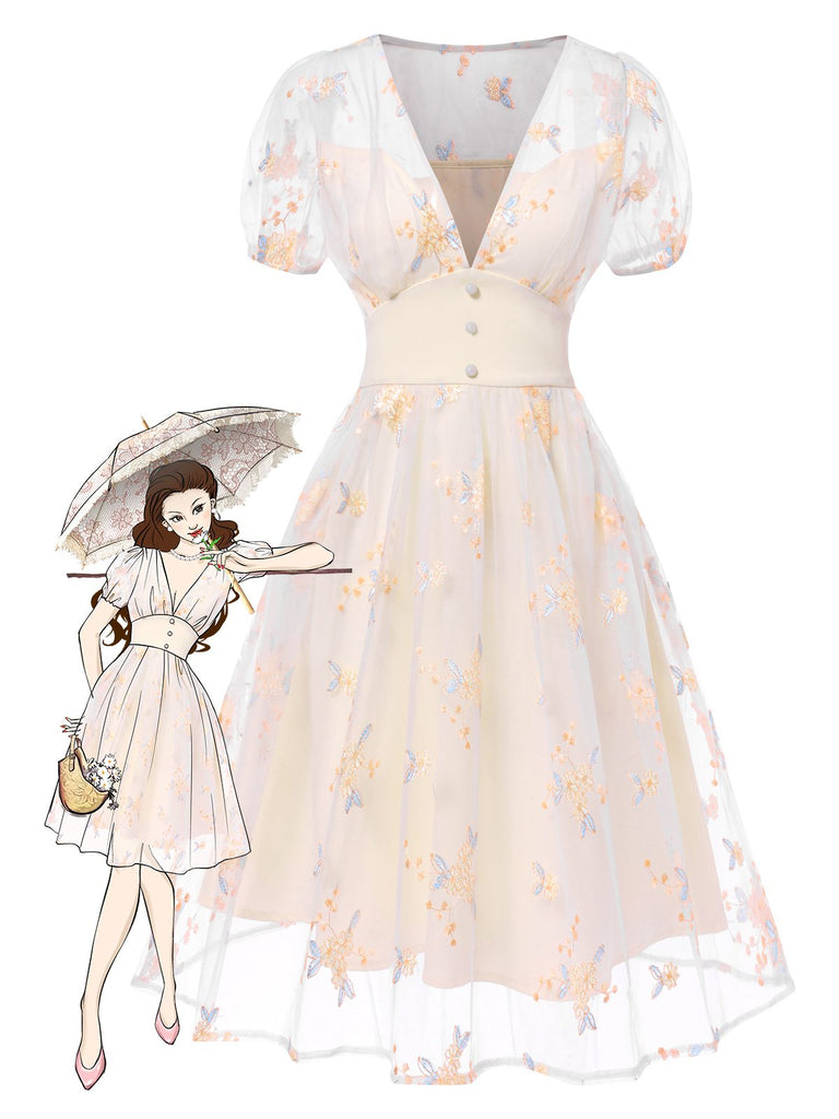 [Prévente] Robe blanche à fleurs brodées col V profond années 1950