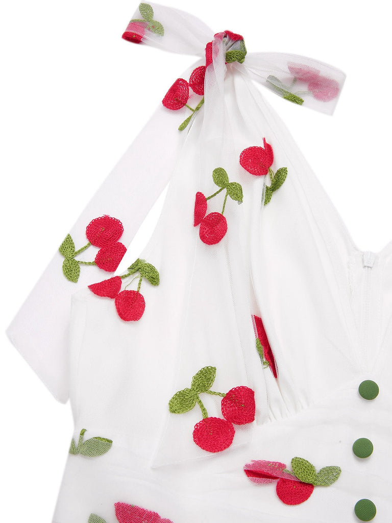 Robe cerise patchwork en maille col V vert des années 1950