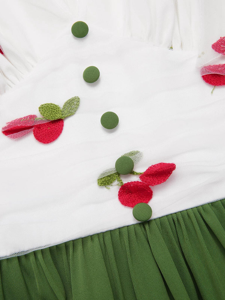 Robe cerise patchwork en maille col V vert des années 1950