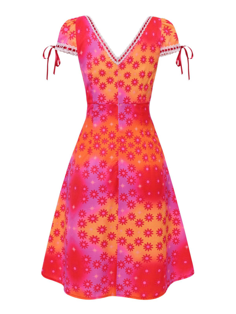 [Prévente] Robe rose fleurs psychédéliques avec bordure en crochet années 1960