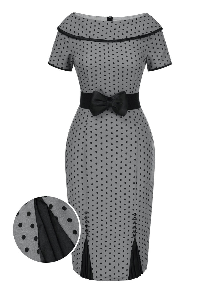[Prévente] Robe crayon grise à pois et col bateau des années 1960