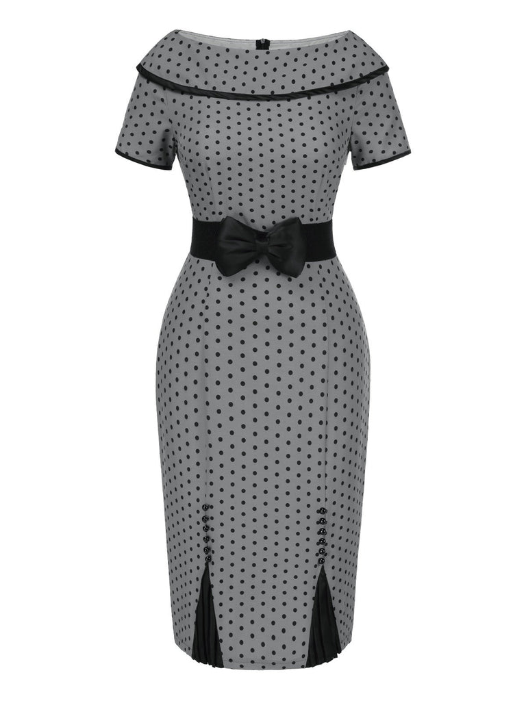 [Prévente] Robe crayon grise à pois et col bateau des années 1960
