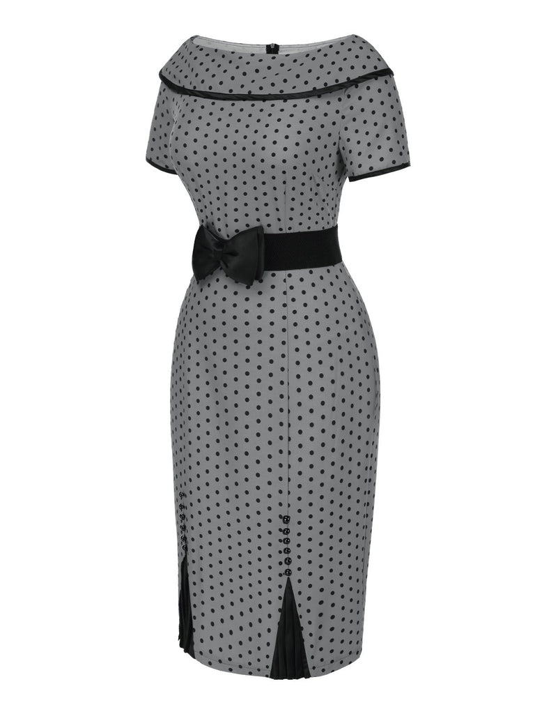 [Prévente] Robe crayon grise à pois et col bateau des années 1960