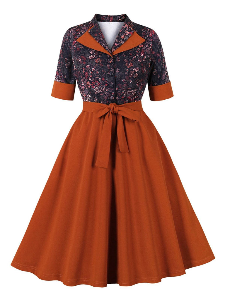 Robe patchwork fleurie rouge brique à revers des années 1950