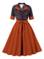Robe patchwork fleurie rouge brique à revers des années 1950
