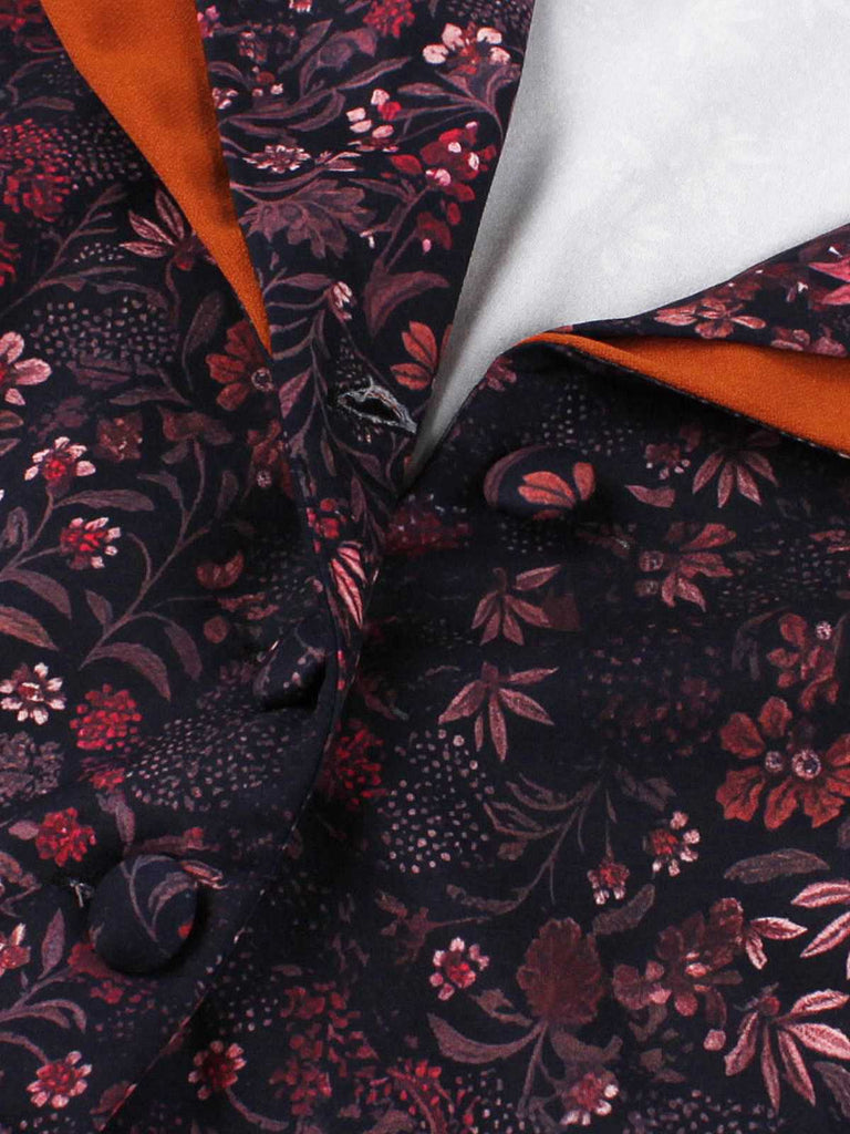 Robe patchwork fleurie rouge brique à revers des années 1950