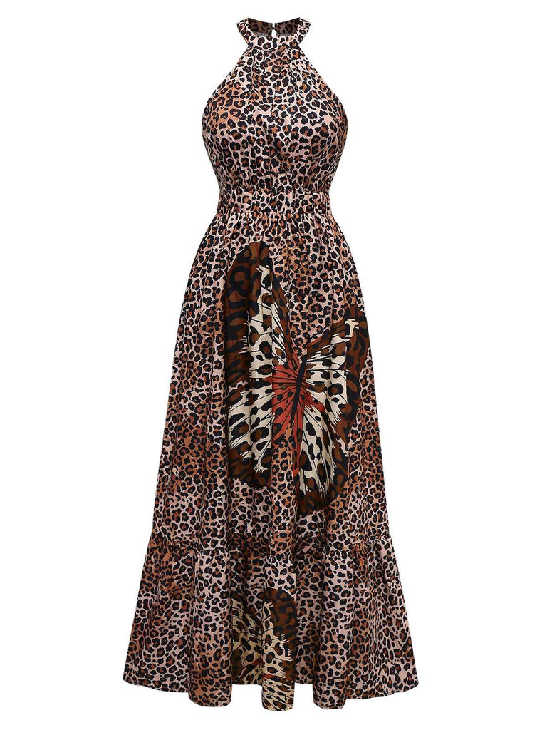 Robe dos nu ronde marron léopard et papillon des années 1930