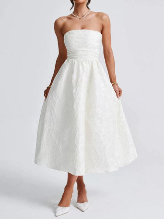 Robe bandeau à lacets en jacquard fleur uni des années 1950