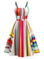 Robe à rayures multicolore bretelles lacets au dos années 1950