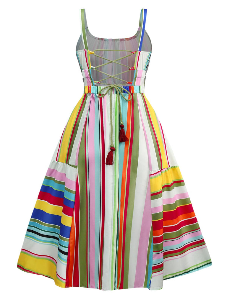 Robe à rayures multicolore bretelles lacets au dos années 1950