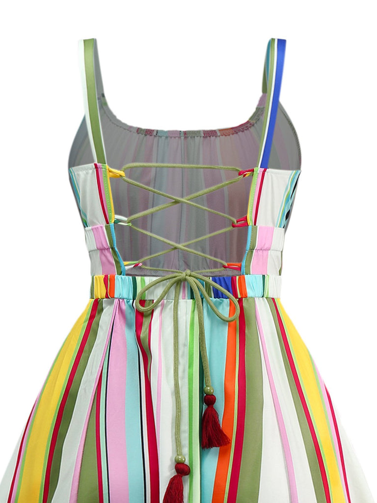 Robe à rayures multicolore bretelles lacets au dos années 1950