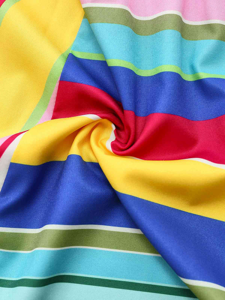 Robe à rayures multicolore bretelles lacets au dos années 1950