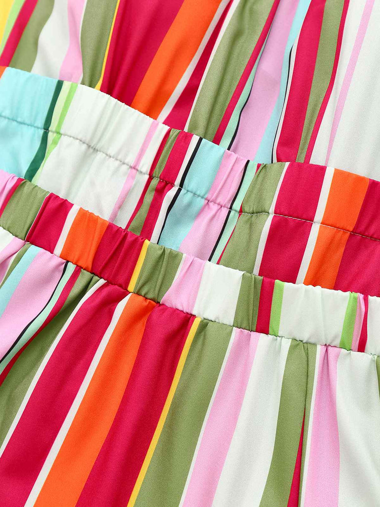 Robe à rayures multicolore bretelles lacets au dos années 1950