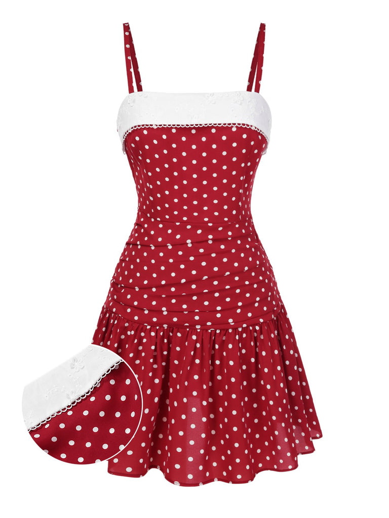 Robe plissée rouge à pois et dentelle patchwork des années 1960