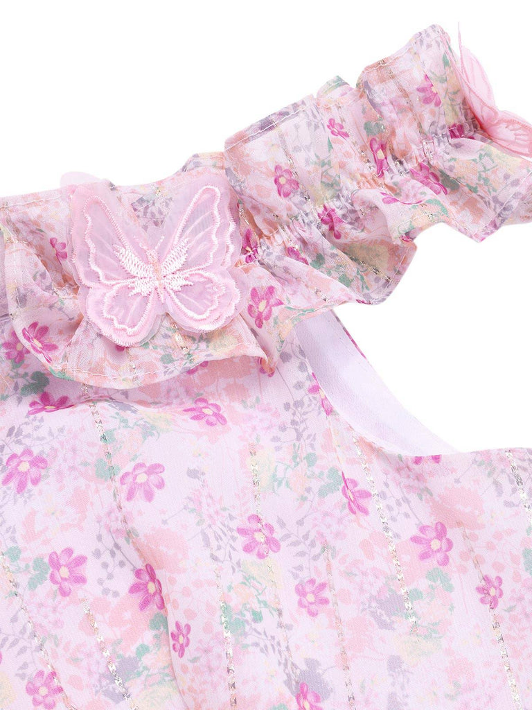 [Prévente] Robe fleurie rose à volants épaules dénudées années 1950