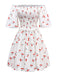 Robe blanche manches bouffantes et épaules dénudées motif cerise des années 1950