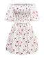 Robe blanche manches bouffantes et épaules dénudées motif cerise des années 1950
