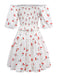 Robe blanche manches bouffantes et épaules dénudées motif cerise des années 1950