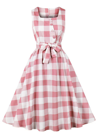 Robe rose à carreaux vichy avec nœud et boutons années 1950