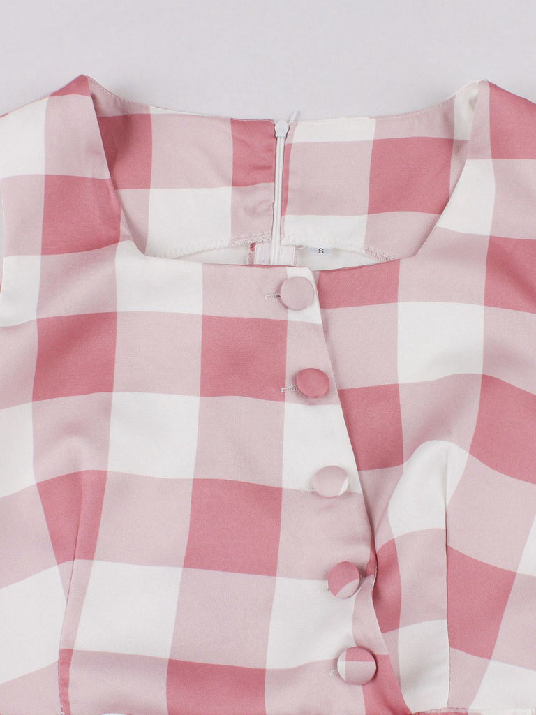 Robe rose à carreaux vichy avec nœud et boutons années 1950